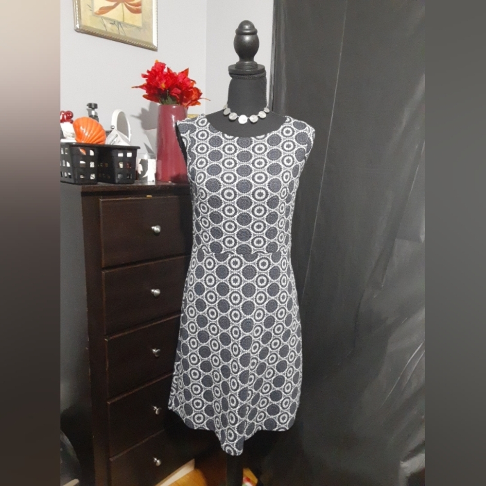 Loft Women's Sleeveless Gigham Circle Abstract Dress Navy Blue Side Zip Size 4P